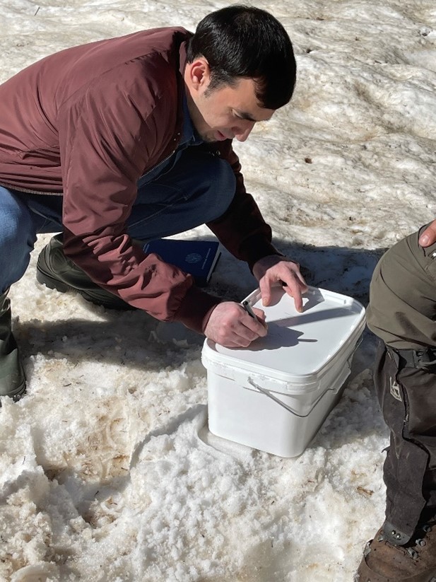 Отбор проб снега вблизи озера Кардывач в истоках р. Мзымта с целью изучения состава атмосферы в заповедной зоне